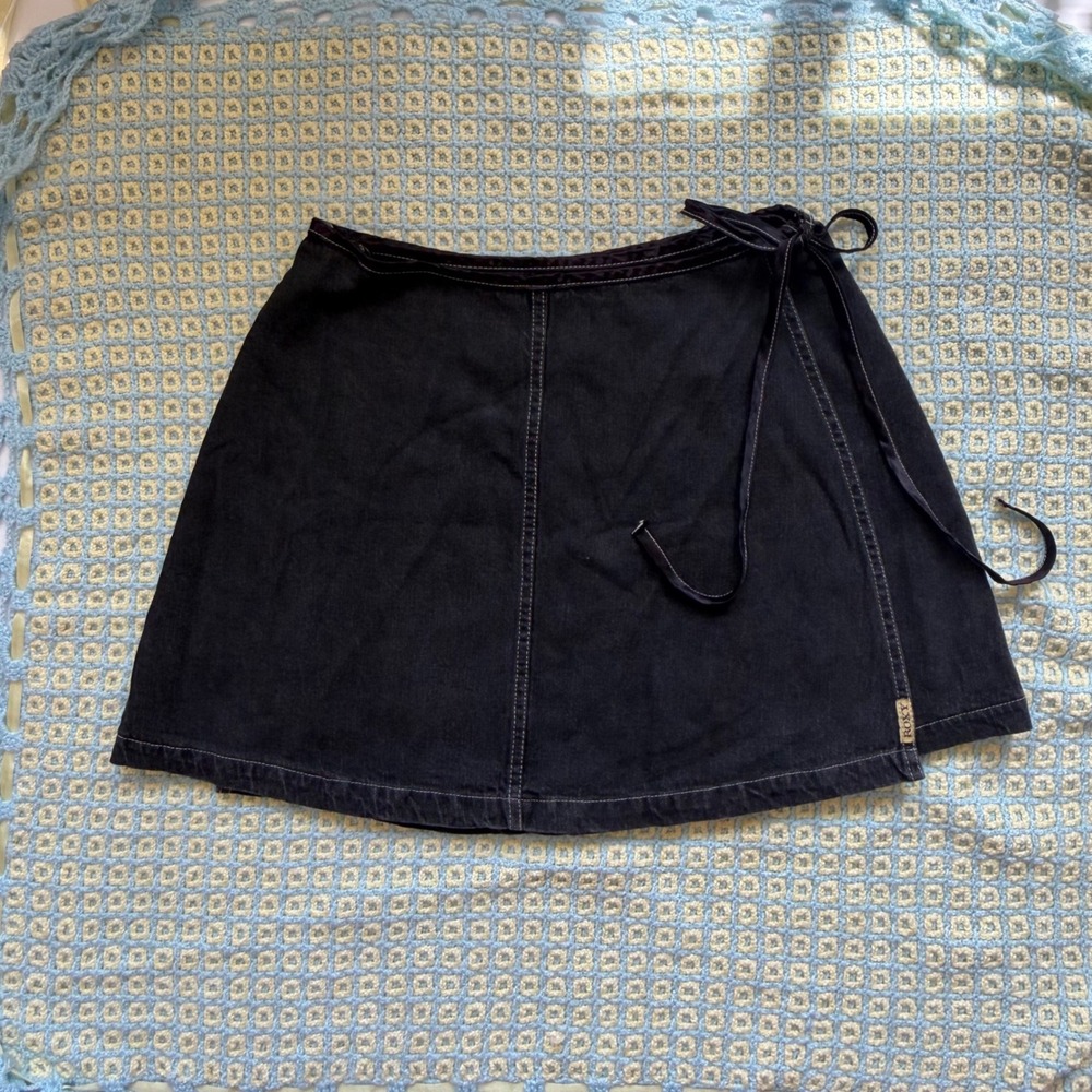 Vintage Roxy Denim Wrap Mini Skirt Dark Wash Y2K Coquette Cotton Mcbling M